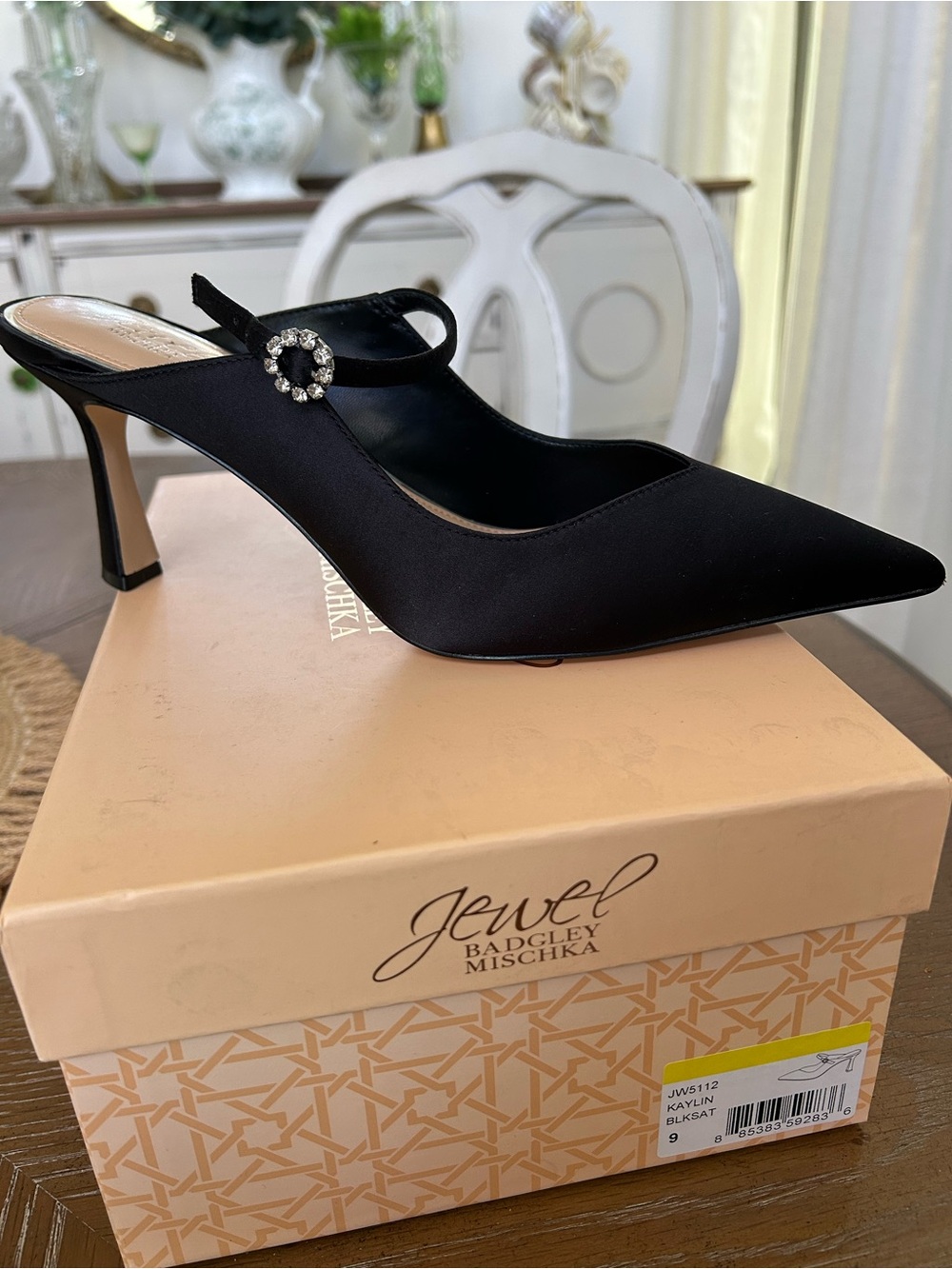 Jewel Badgley Mischka Black Satin Pointed Slingback Mule with Crystal Buckle NEW